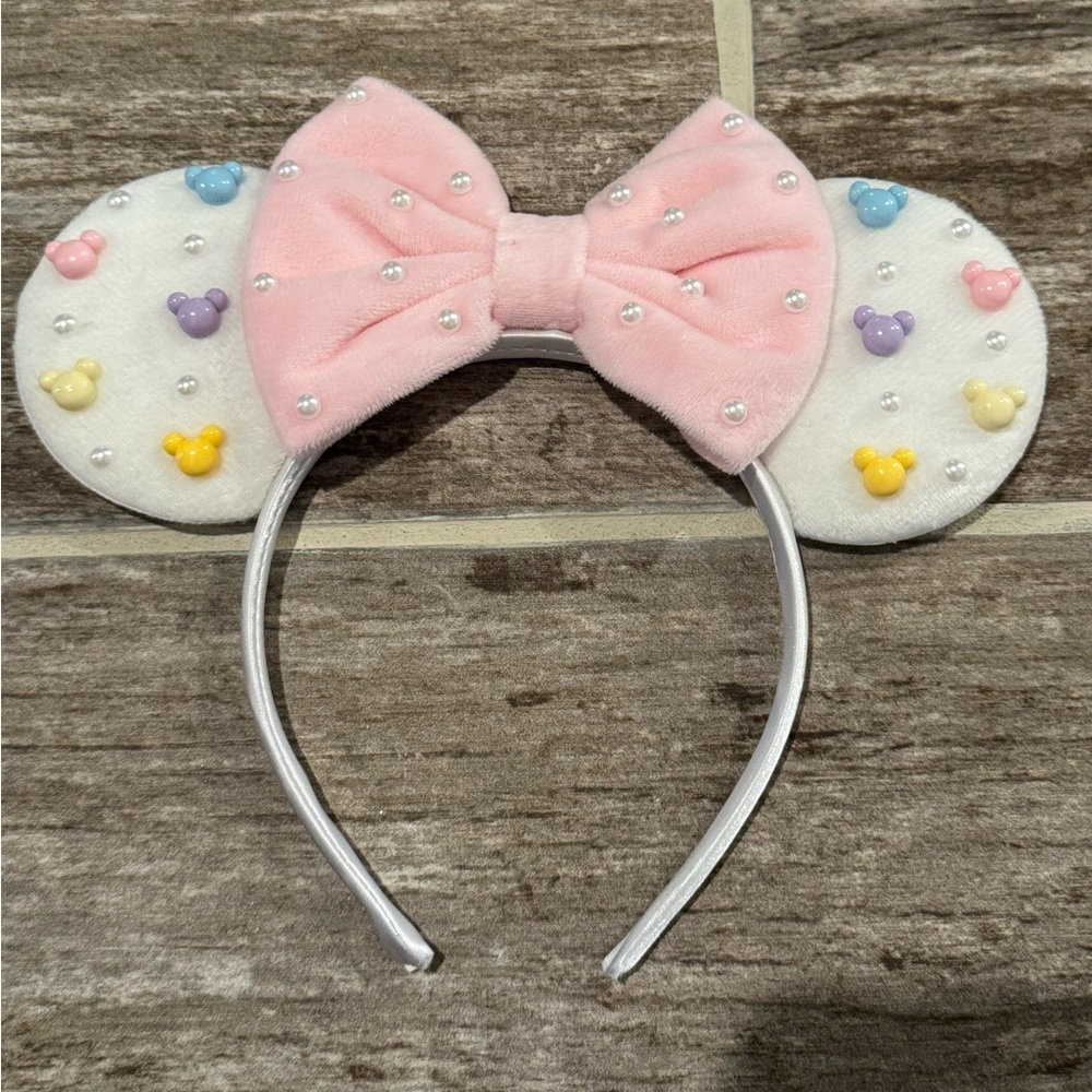 DISNEY MICKEY MINNIE EARS BOW PEARLS BEADS VELVET VELOUR WHITE PINK